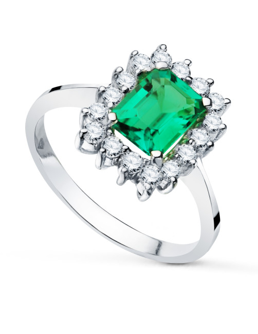 Sortija Solitario Esmeralda y Diamantes en Oro Blanco 18K estepona